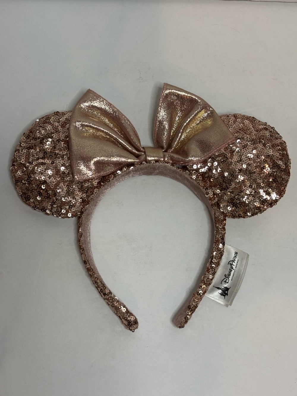 Disney Parks Rose Gold Sequin Bow Mickey Ears Headband
